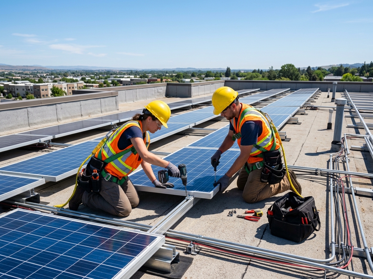 Certified solar installation engineers mounting solar panels on a building rooftop
